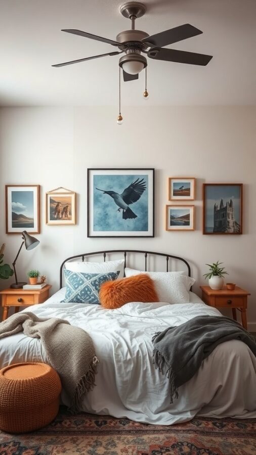 A cozy bedroom with artistic wall decor featuring framed pictures, a comfortable bed, and warm accessories.