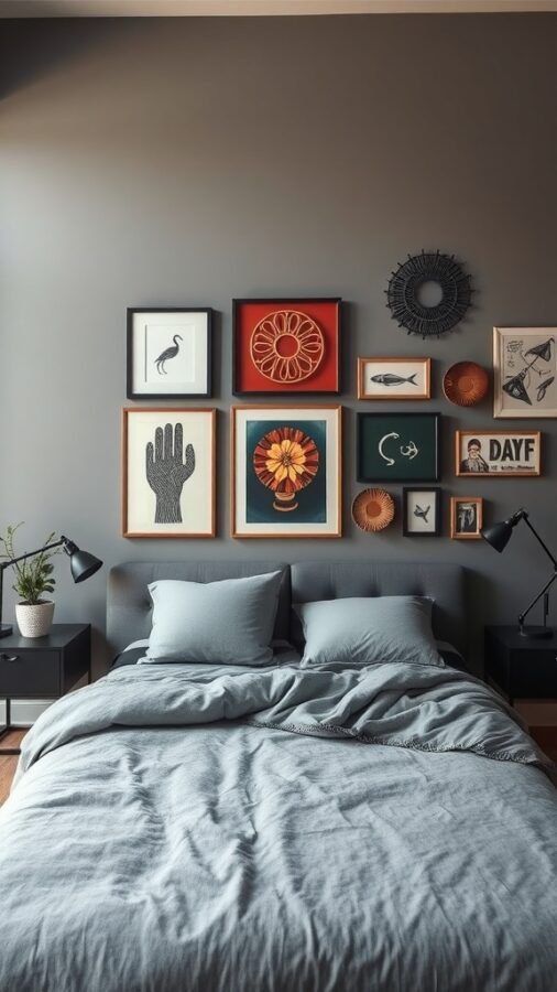 A grey bedroom featuring a stylish statement wall with various framed artworks, complemented by a plant and a neatly made bed.
