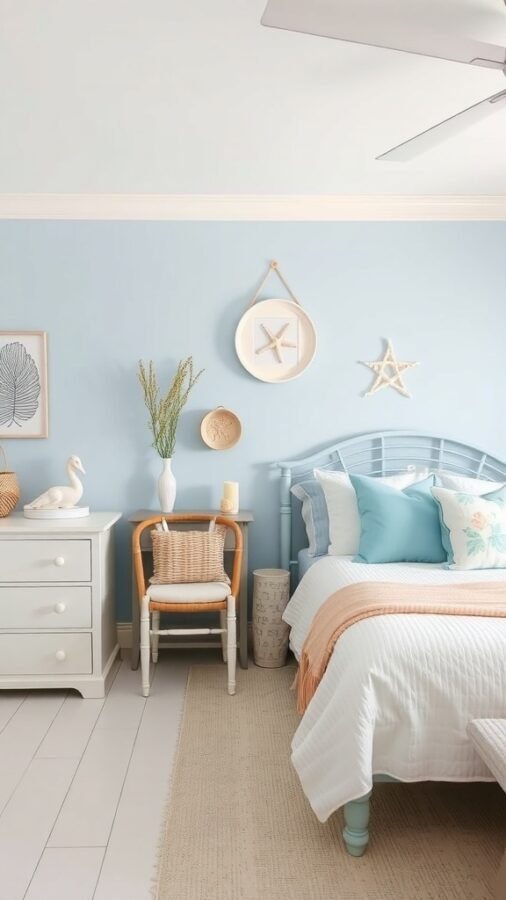 A coastal-themed bedroom with blue walls, light furniture, and beach-inspired decor.