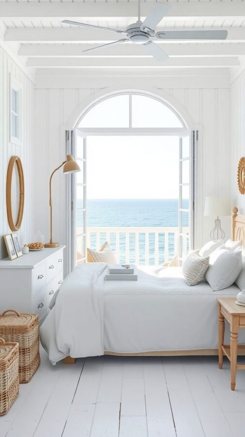 14 Stunning White Bedroom Ideas for a Dreamy Retreat 2 A bright coastal bedroom with white walls, wooden beams, and a view of the ocean through large windows.