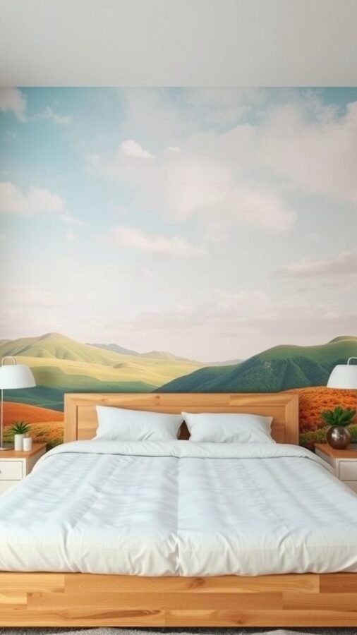 A bedroom featuring a wall mural of rolling green hills and a blue sky, with a wooden bed and bedside tables.