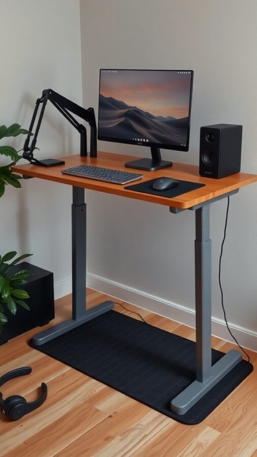 A modern standing desk setup with a monitor, keyboard, and speakers, featuring a plant and an anti-fatigue mat.