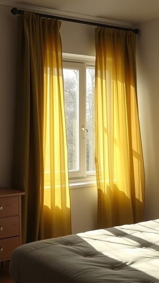Olive green curtains hanging by a window, allowing sunlight to filter through.