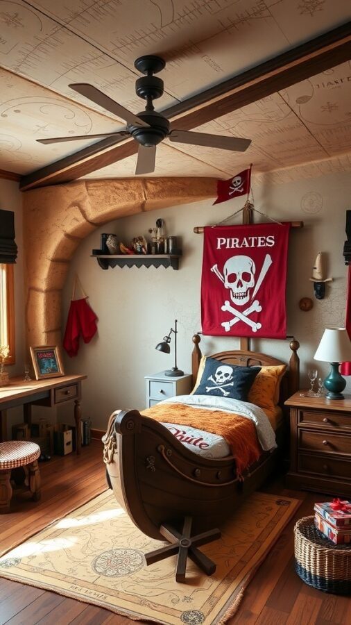 A pirate-themed bedroom featuring a ship-shaped bed, treasure maps on the walls, and pirate decor.