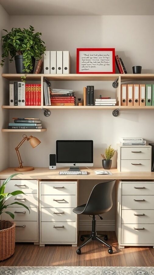A well-organized home office setup featuring a desk with storage drawers, open shelves with books and plants, and a computer.