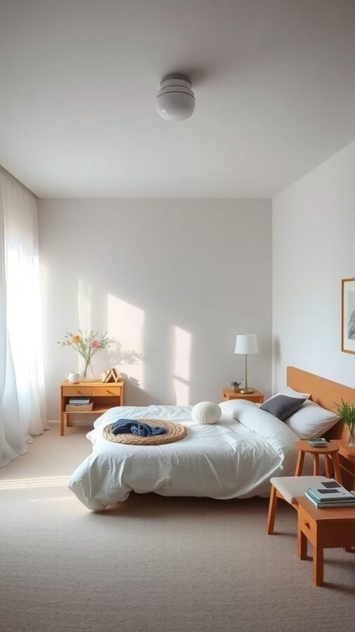 A minimal bedroom with a bed, wooden furniture, and natural light.