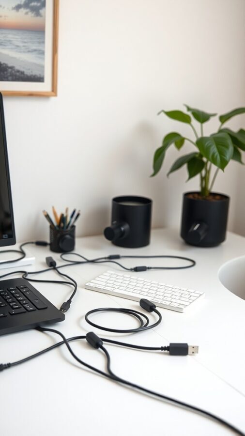 A cluttered home office desk with various cables, a keyboard, and a laptop, along with plants and stationery.