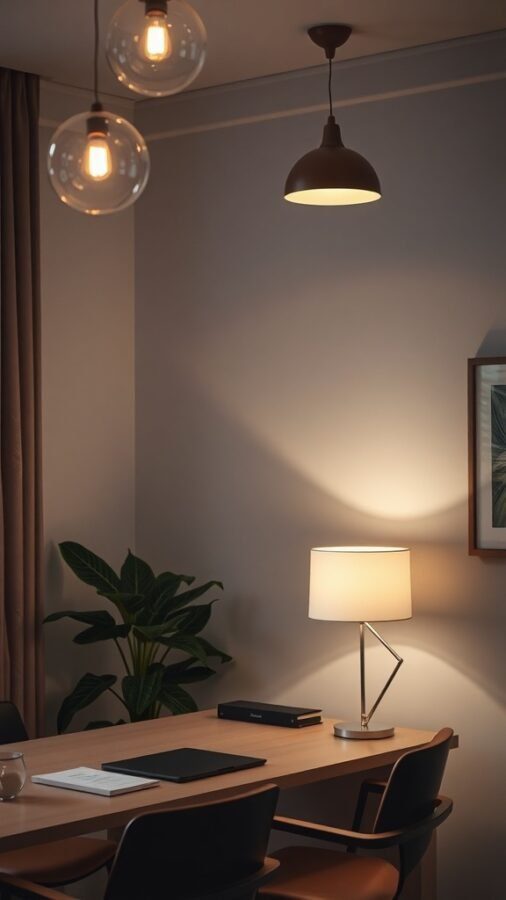 12 Stylish Home Office Ideas for Women 11 A stylish home office with elegant lighting, featuring a table lamp and hanging lights, complemented by a plant.