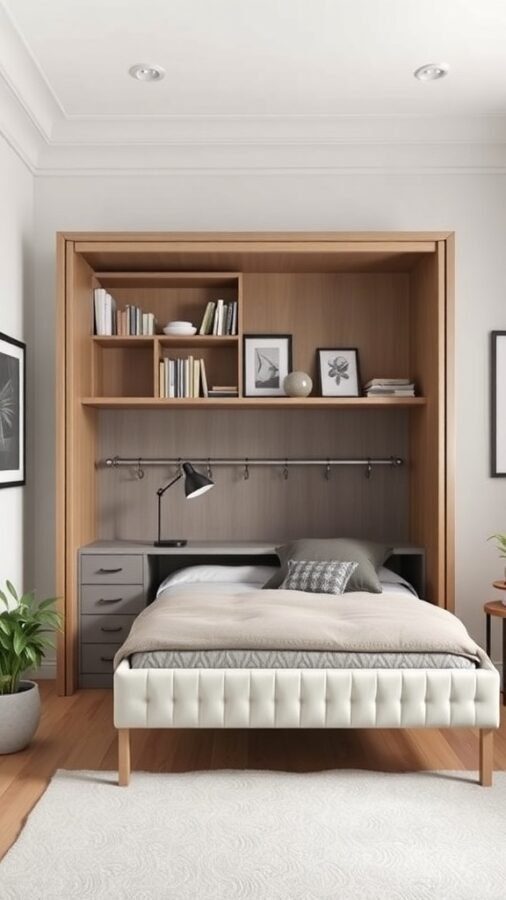 A stylish home office featuring a Murphy bed integrated into wooden cabinetry with shelves and a lamp.