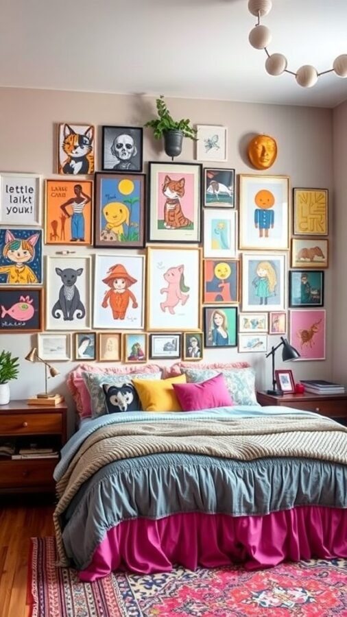 A colorful gallery wall filled with various framed artworks above a bed with vibrant bedding.