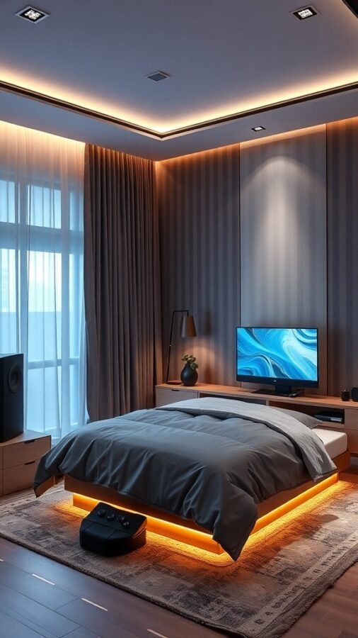A modern bedroom featuring a bed with illuminated base, wall-mounted TV, and minimalist decor.