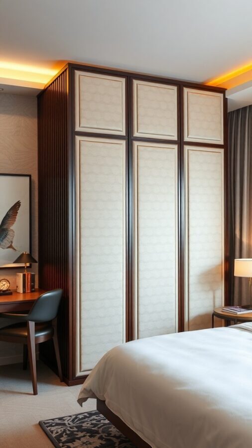 17 Stylish Home Office Guest Room Combos for Ultimate Efficiency 2 A stylish room divider made of wood and fabric, separating a home office from a guest room.