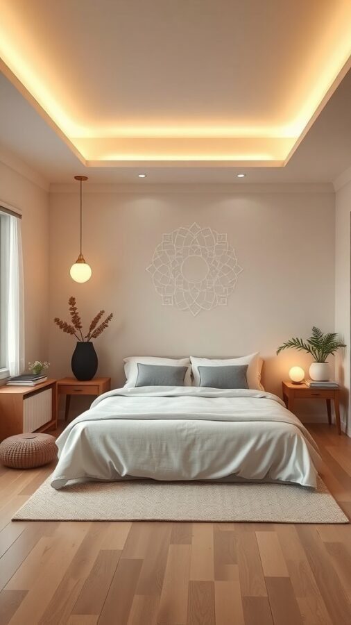 A serene bedroom with soft lighting, a cozy bed, and calming decor, ideal for meditation.