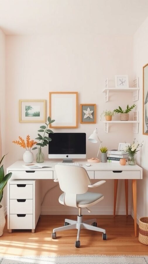 A modern home office with a soft pastel palette, featuring a white desk, comfortable chair, and decorative plants.