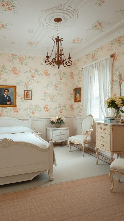 A vintage-style bedroom featuring floral wallpaper, a chandelier, and classic furniture.