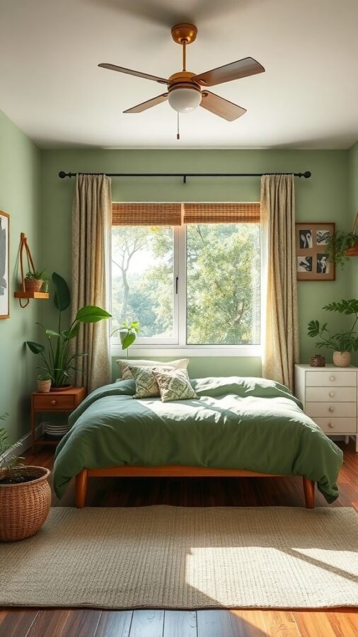 A nature-inspired bedroom with green walls, a cozy bed, plants, and natural light.