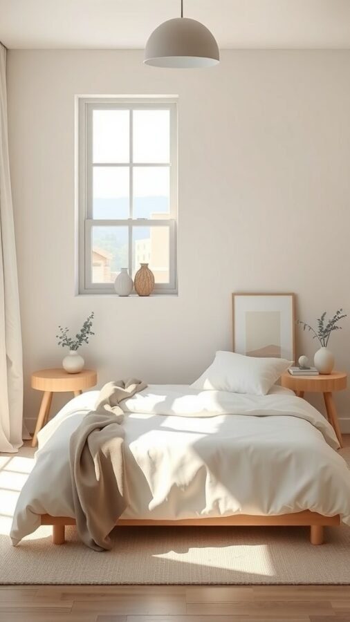 A cozy minimalist bedroom featuring a wooden bed, neutral bedding, and simple decor.