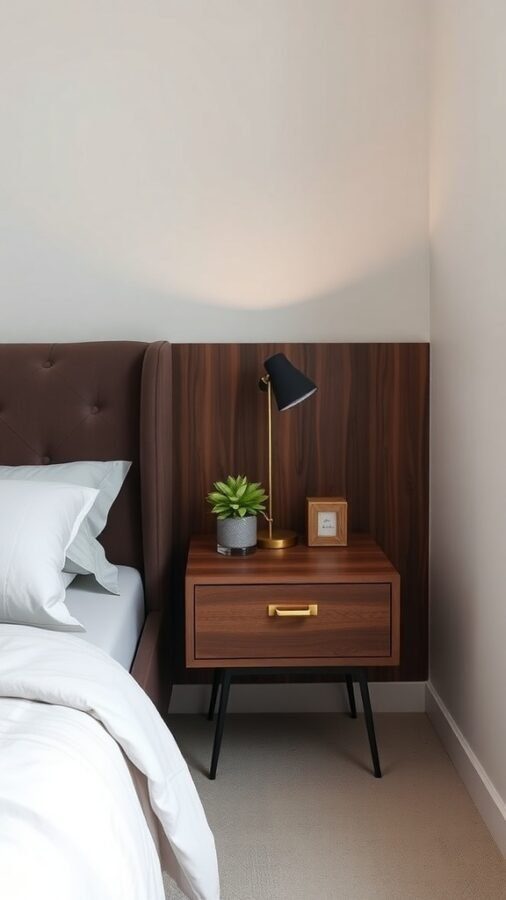 A compact nightstand with storage, featuring a drawer, a lamp, and a small plant.