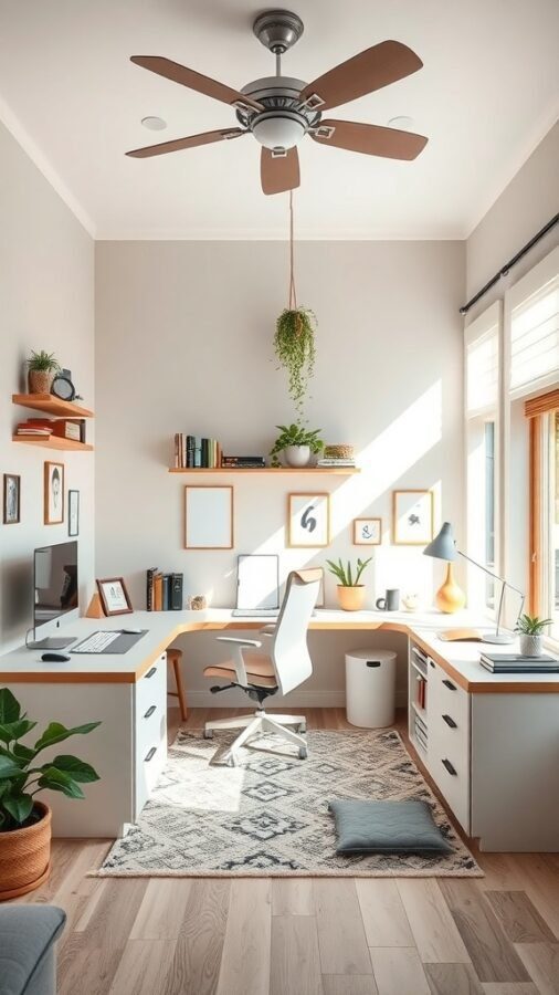 A modern home office with two desks, a comfortable chair, plants, and natural light.