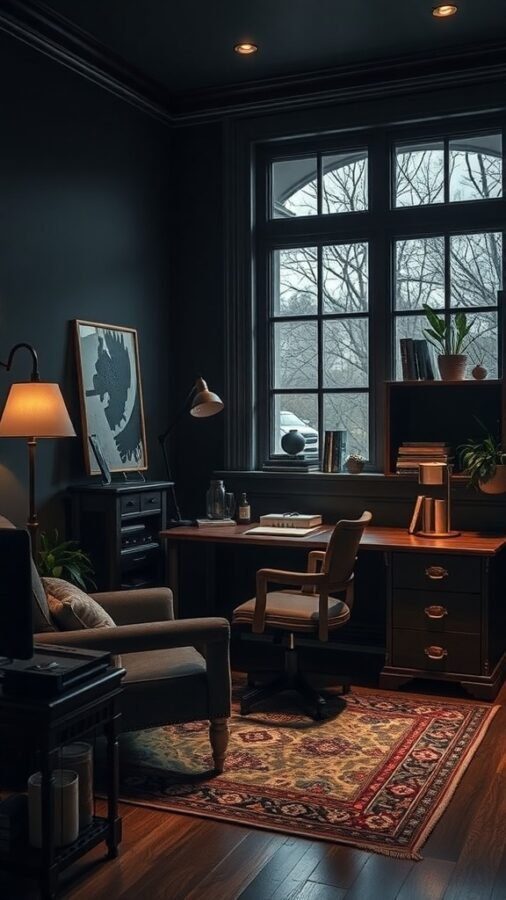 A moody home office featuring dark wood furniture, a cozy armchair, and a large window with natural light.