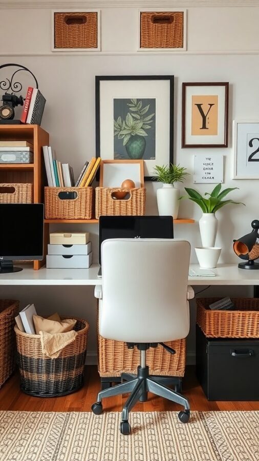 A stylish home office featuring organized baskets and boxes for clutter control.
