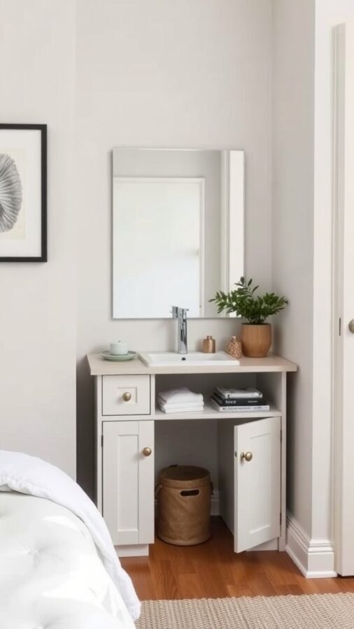 Compact vanity with sink and mirror in a small bedroom