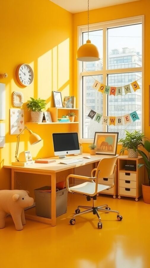 A bright yellow home office with a desk, computer, plants, and playful decor.