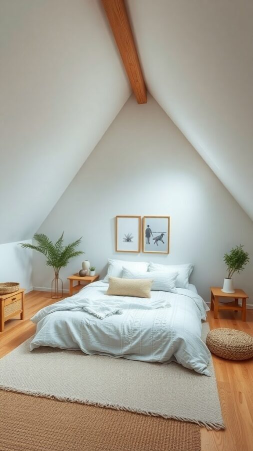 A serene attic bedroom with a sloped ceiling, featuring a cozy bed, wooden accents, and potted plants.