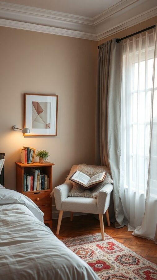 Cozy bedroom reading nook with a chair, open book, and soft lighting.