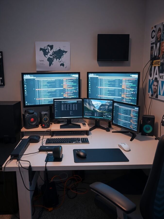A modern home office setup featuring multiple monitors, speakers, and a clean desk.