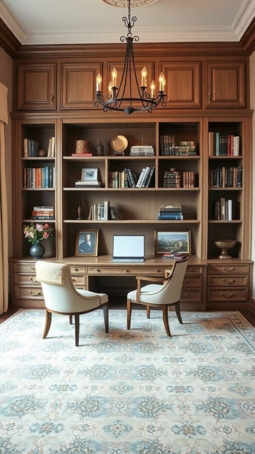 A traditional office space with wooden cabinetry, a desk, and a chandelier.