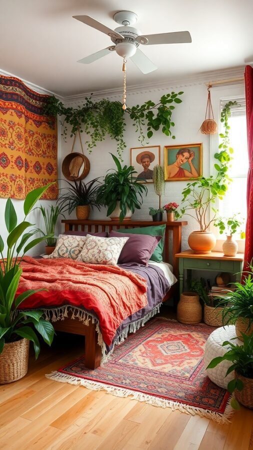 A cozy bohemian chic bedroom with plants, colorful textiles, and framed art.