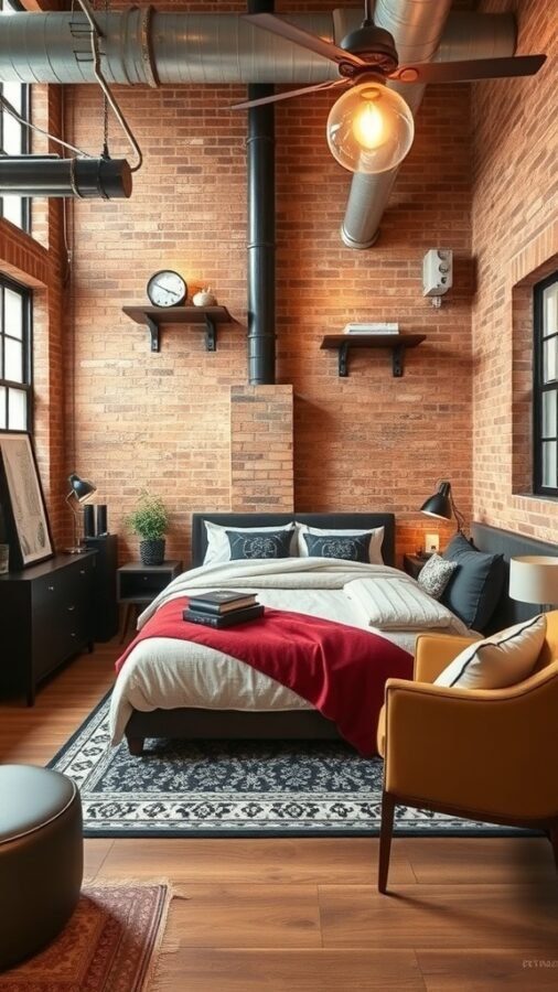 Chic urban loft guest bedroom with exposed brick walls, modern furniture, and cozy bedding.