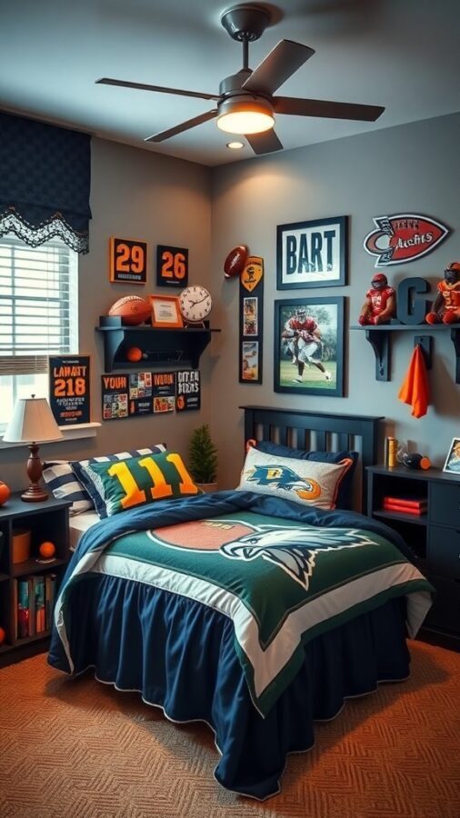 A boys bedroom decorated with sports memorabilia, featuring team colors and a cozy bed with sports-themed bedding.