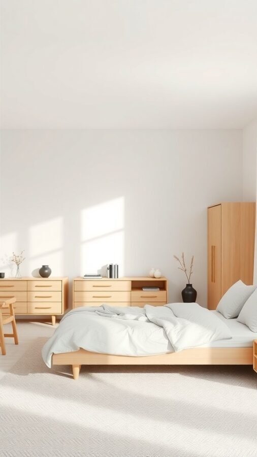 A minimalist Scandinavian bedroom featuring light colors and natural wood furniture.