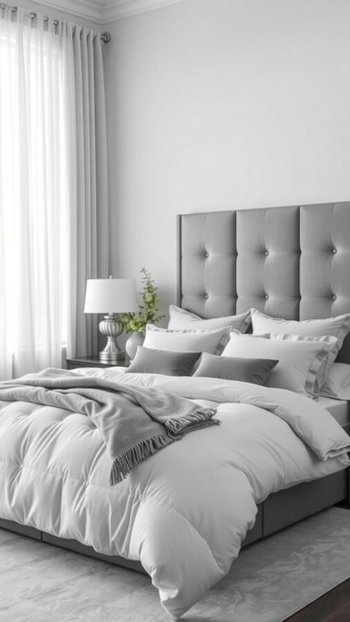A grey bedroom featuring a plush bed with grey bedding, a tufted headboard, and light curtains.