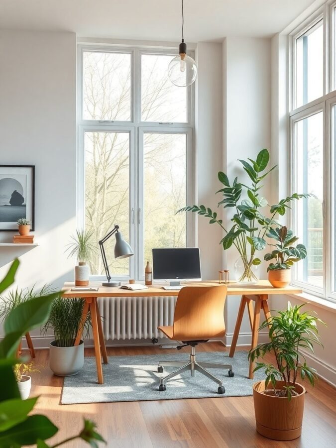 A modern home office with large windows, plants, and a wooden desk