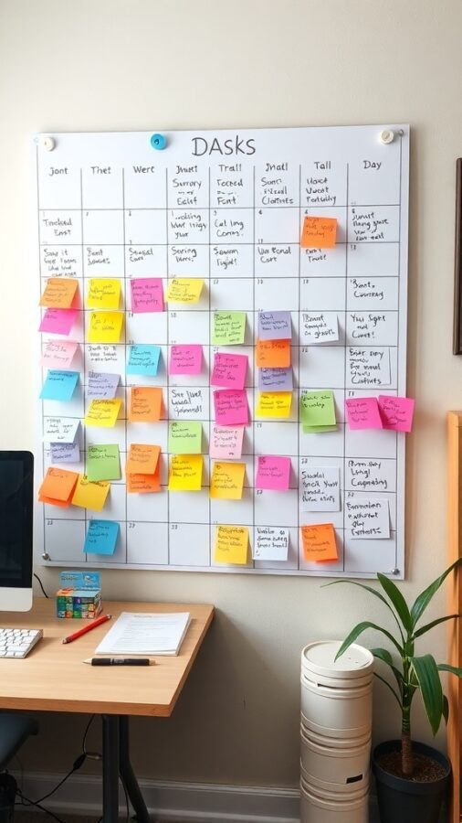 A colorful task board with sticky notes organized by tasks, next to a desk with a computer and a plant.