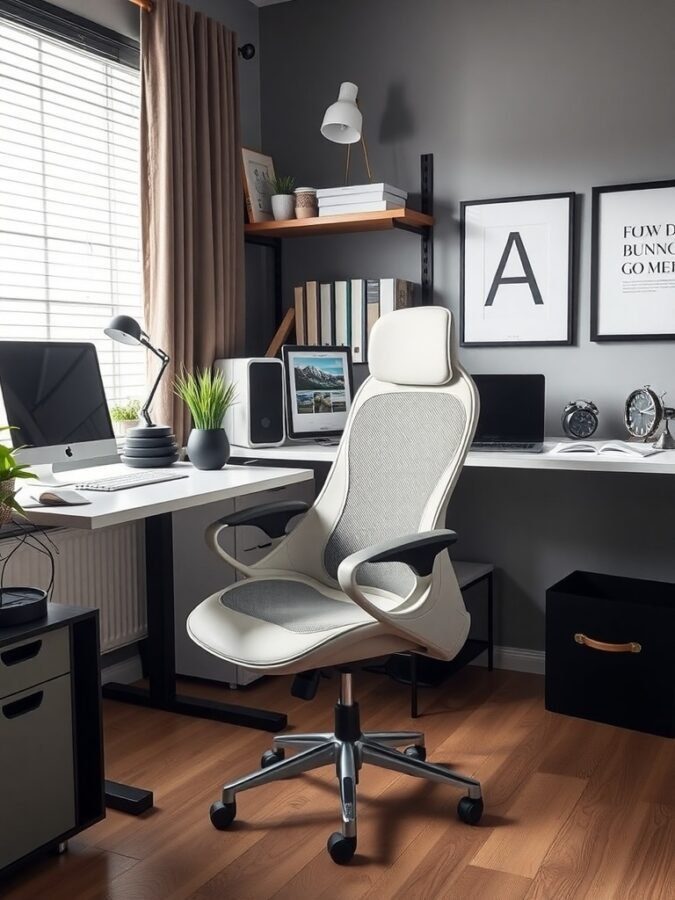 A modern home office with an ergonomic chair, desk, and natural light.