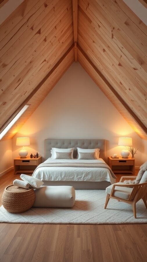 A cozy attic bedroom with wooden beams, a plush bed, and soft lighting, creating a spa-inspired retreat.