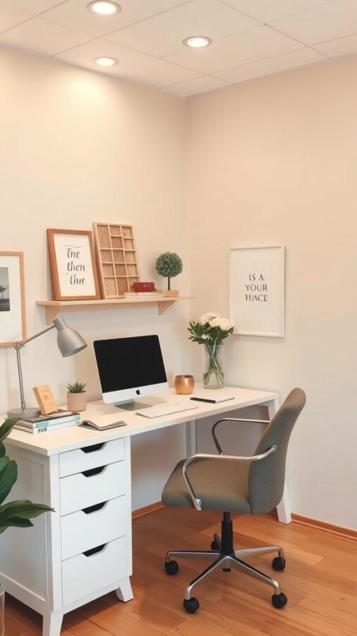A stylish home office setup featuring a white desk, a computer, and decorative elements.