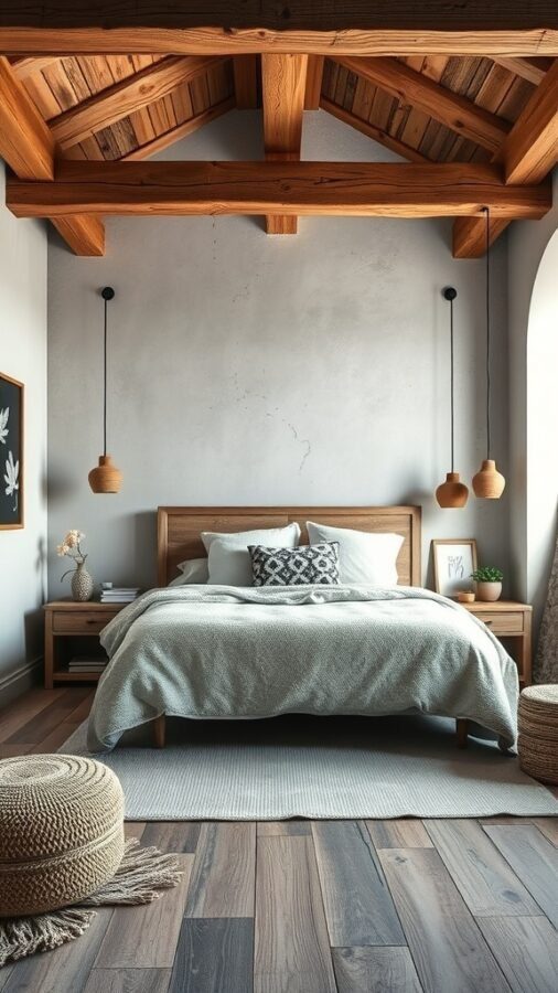 A cozy rustic bedroom featuring wooden beams, grey bedding, and soft lighting.
