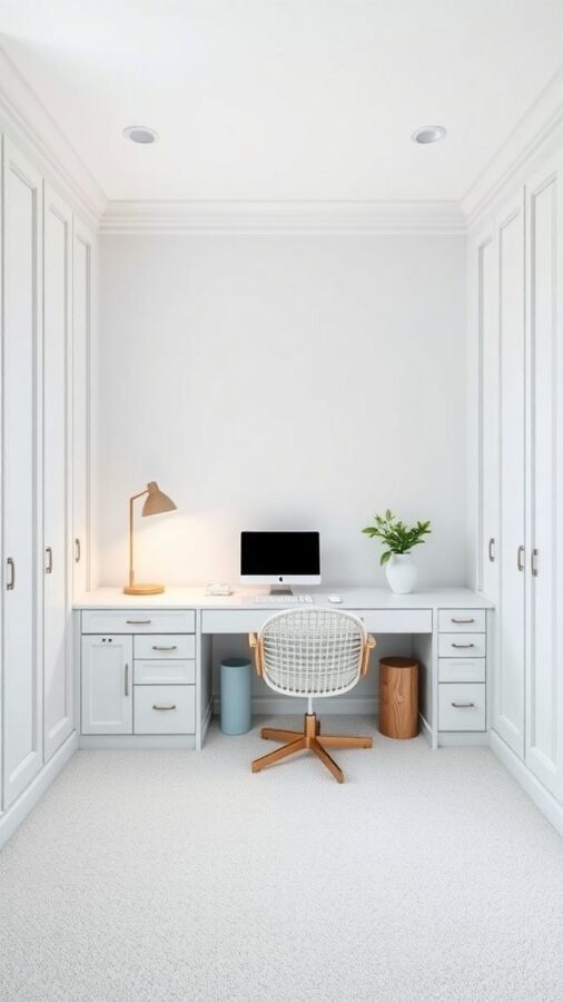 Bright and airy coastal retreat office space with a desk, computer, and storage cabinets