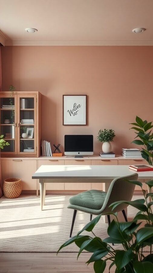 A home office with muted peach walls, light wood furniture, a green chair, and plants.