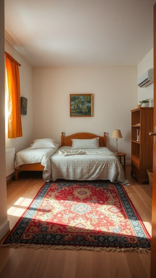 A cozy small bedroom with two beds and a decorative rug.