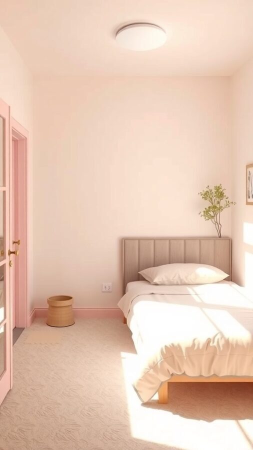 A small bedroom featuring light colors, a bed with soft bedding, and pink accents on the door.