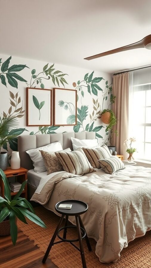 A cozy bedroom with nature-inspired decor featuring leafy wall art, a comfortable bed, and plants.