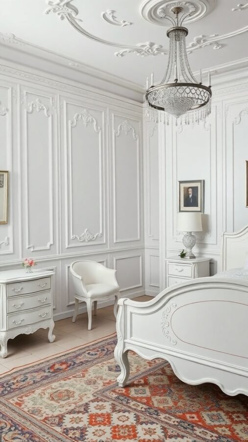 14 Stunning White Bedroom Ideas for a Dreamy Retreat 10 A classic all-white bedroom featuring elegant moldings, a chandelier, and stylish furniture.