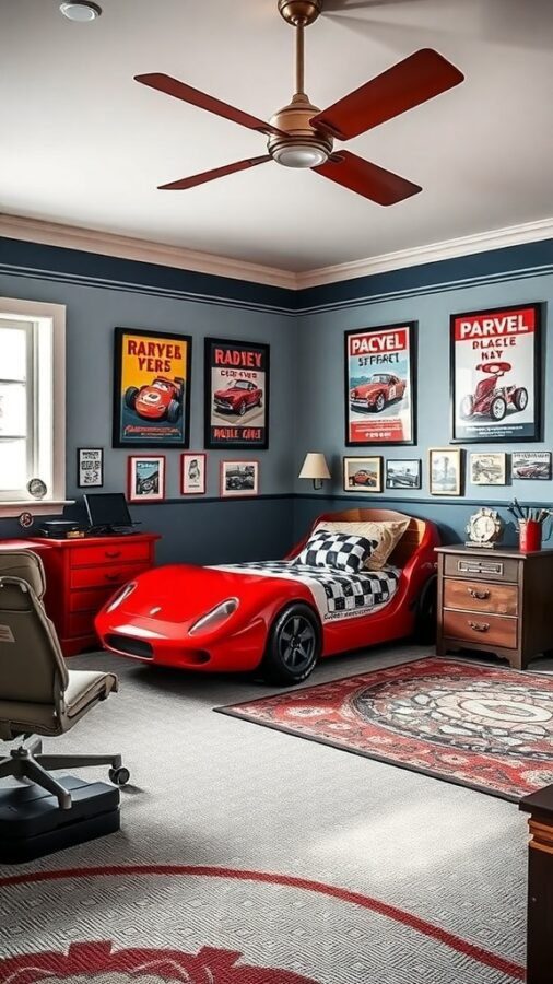 Boys bedroom with a classic car garage theme featuring a red race car bed and vintage car posters on the walls.