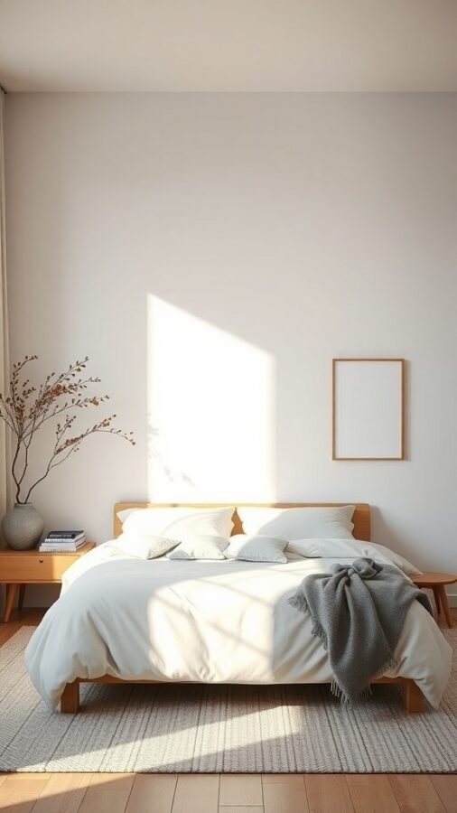 A minimalist Scandinavian bedroom featuring a wooden bed, soft bedding, and natural light.